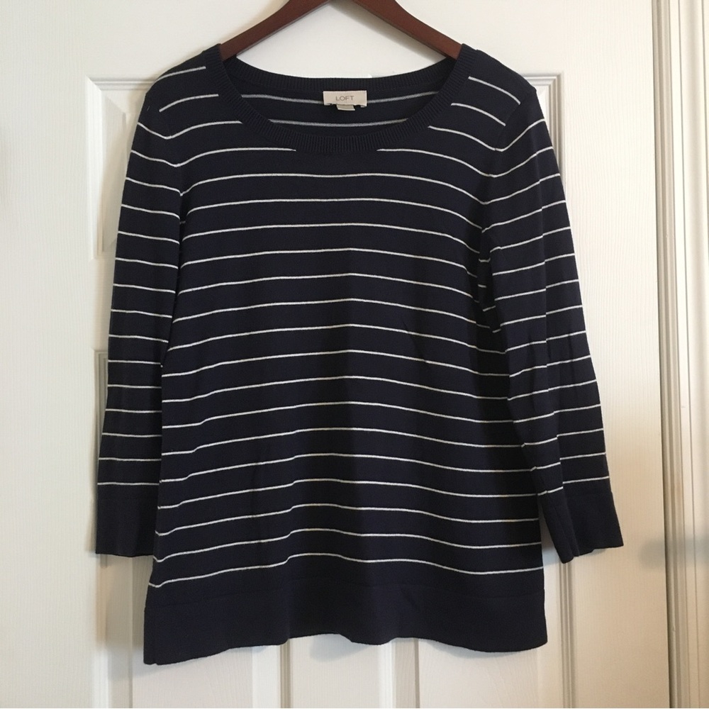 LOFT Navy & White Striped 3/4 Sleeve sweater